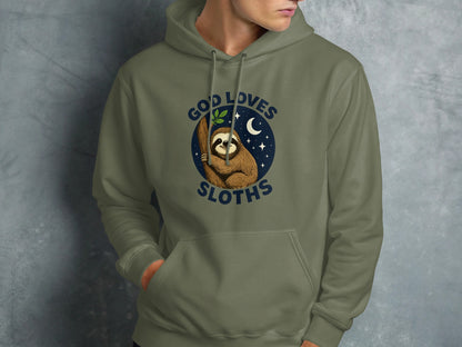 Green hoodie with sloth illustration and "God Loves Sloths" text.