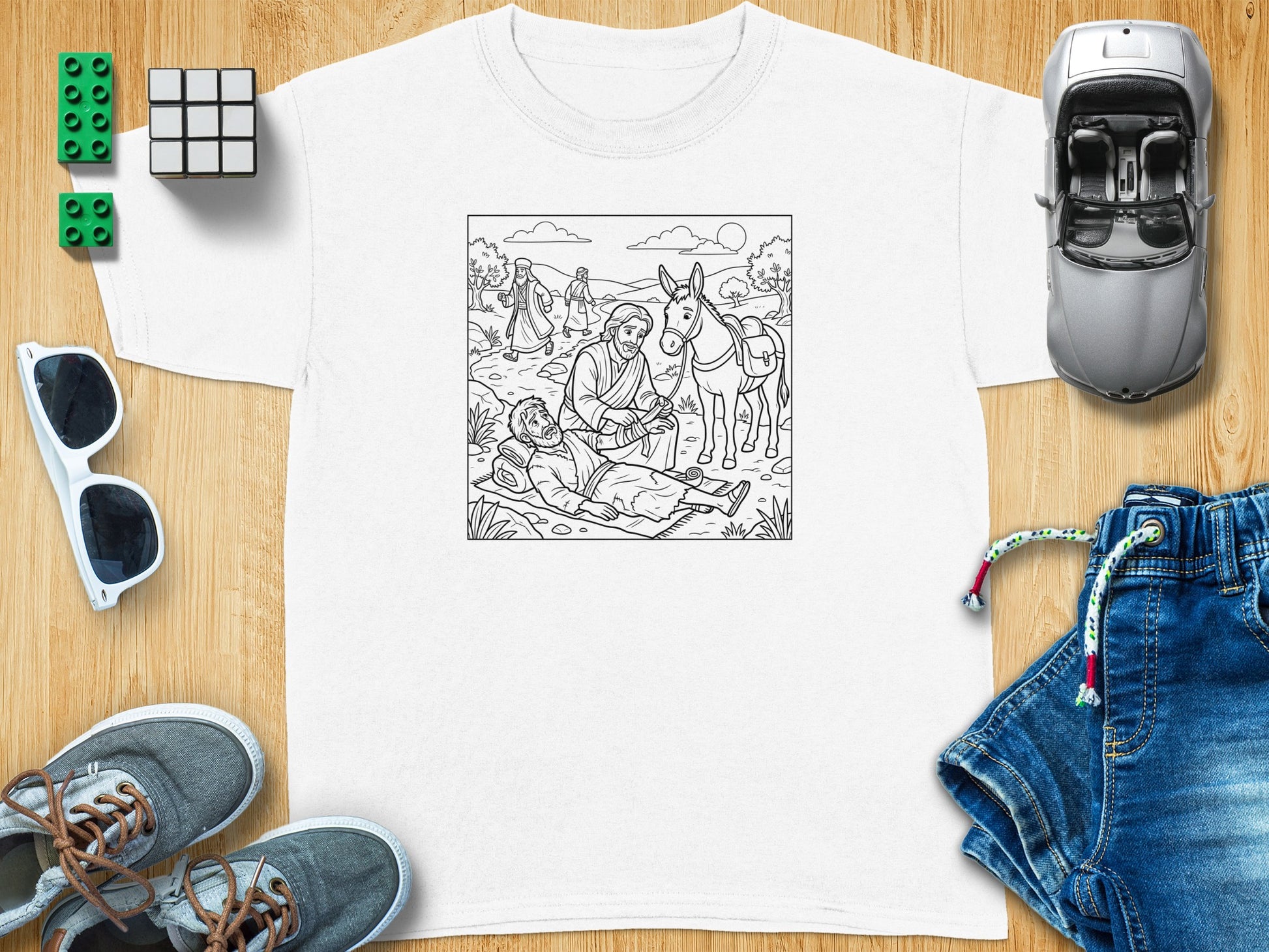 T-shirt featuring a biblical scene coloring design of the Good Samaritan.