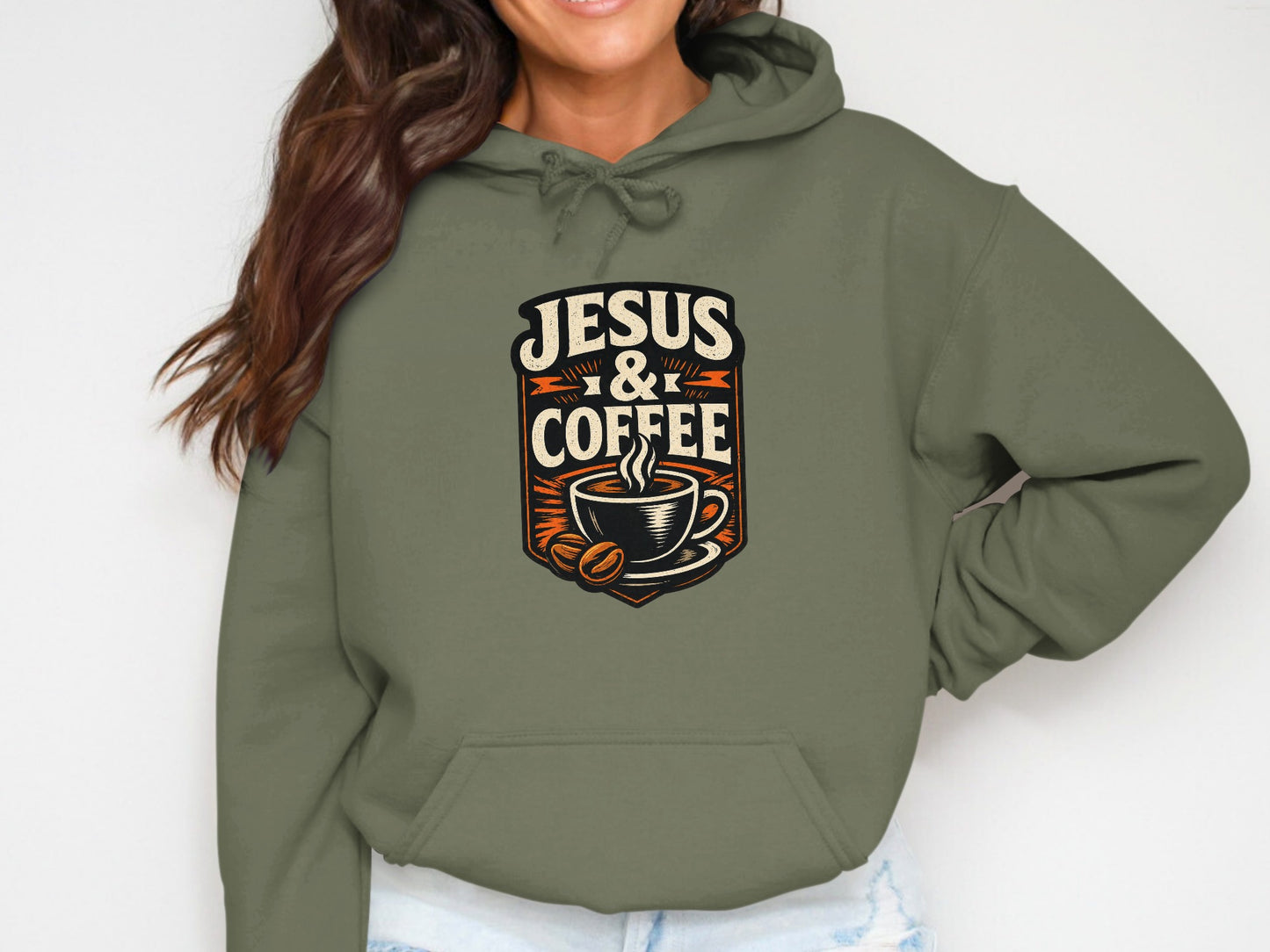 Hoodie with "Jesus & Coffee" text and coffee cup graphic.
