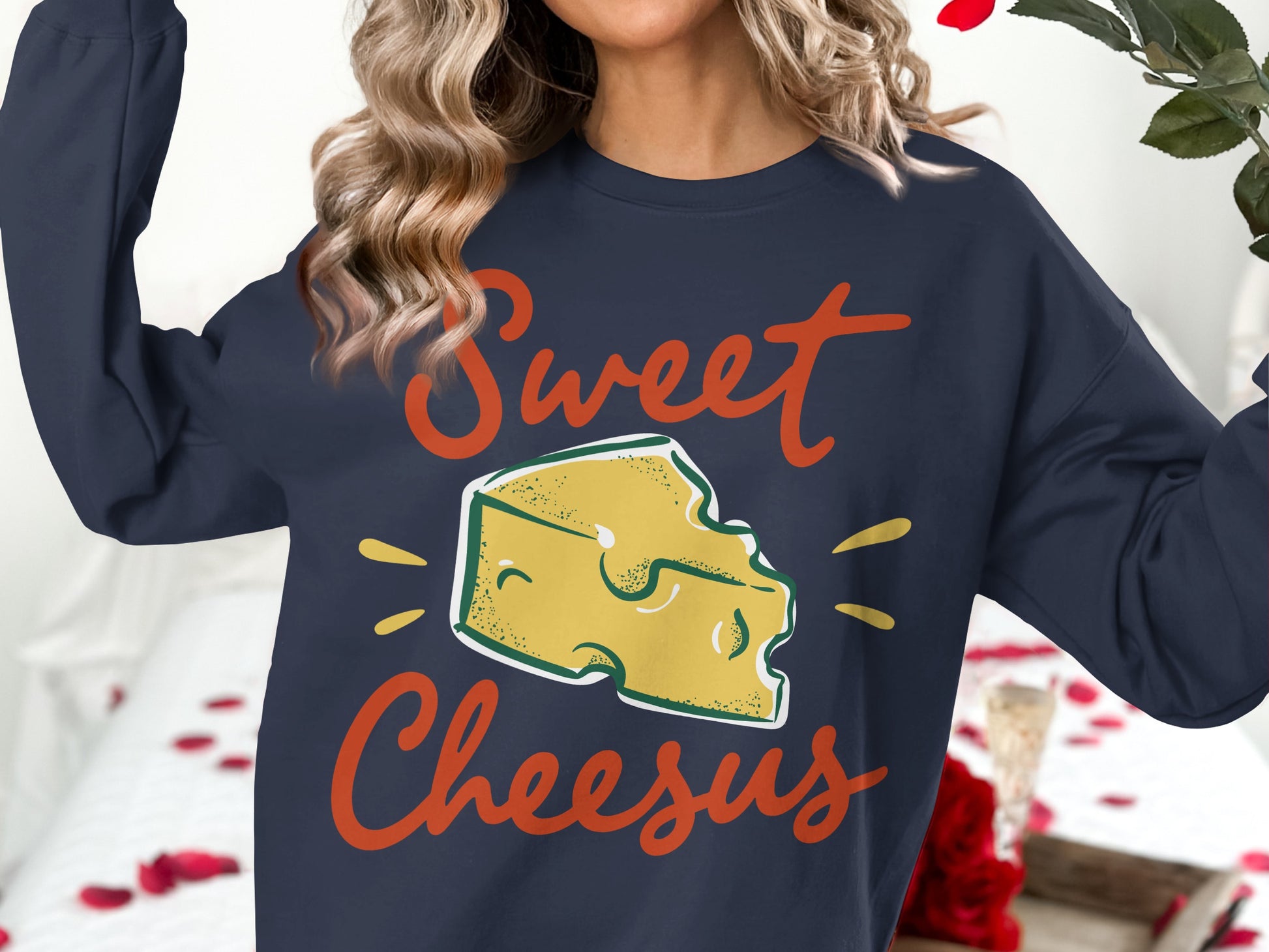 Navy sweatshirt with "Sweet Cheesus" and a cheese graphic.