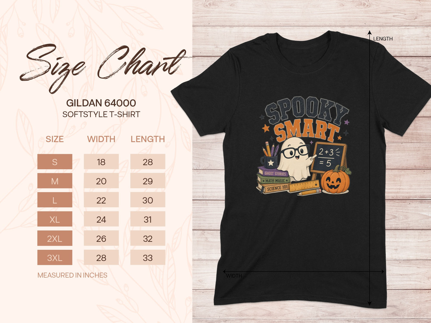 Size chart for Gildan 64000 Softstyle t-shirt with Halloween ghost graphic.