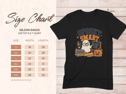 Size chart for Gildan 64000 Softstyle t-shirt with Halloween ghost graphic.