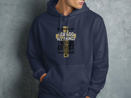 Navy hoodie with "Philippians 4:13 I can do all things through Christ who strengthens me" text.
