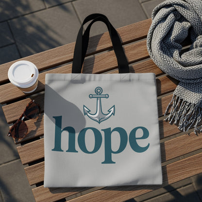 Tote bag with anchor and "hope" text on light gray background.