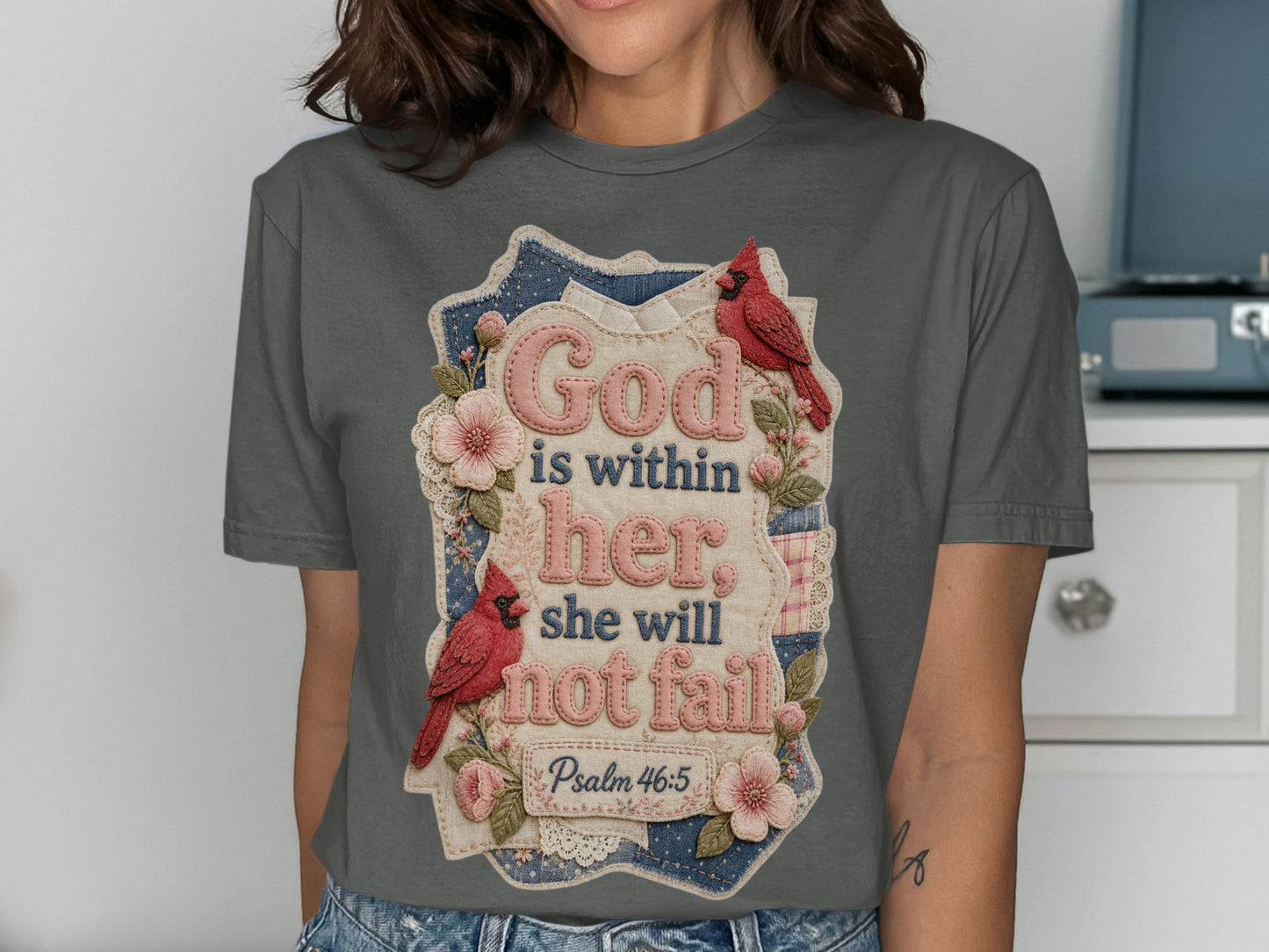 Gray t-shirt with "God is within her, she will not fail Psalm 46:5" and cardinal design.
