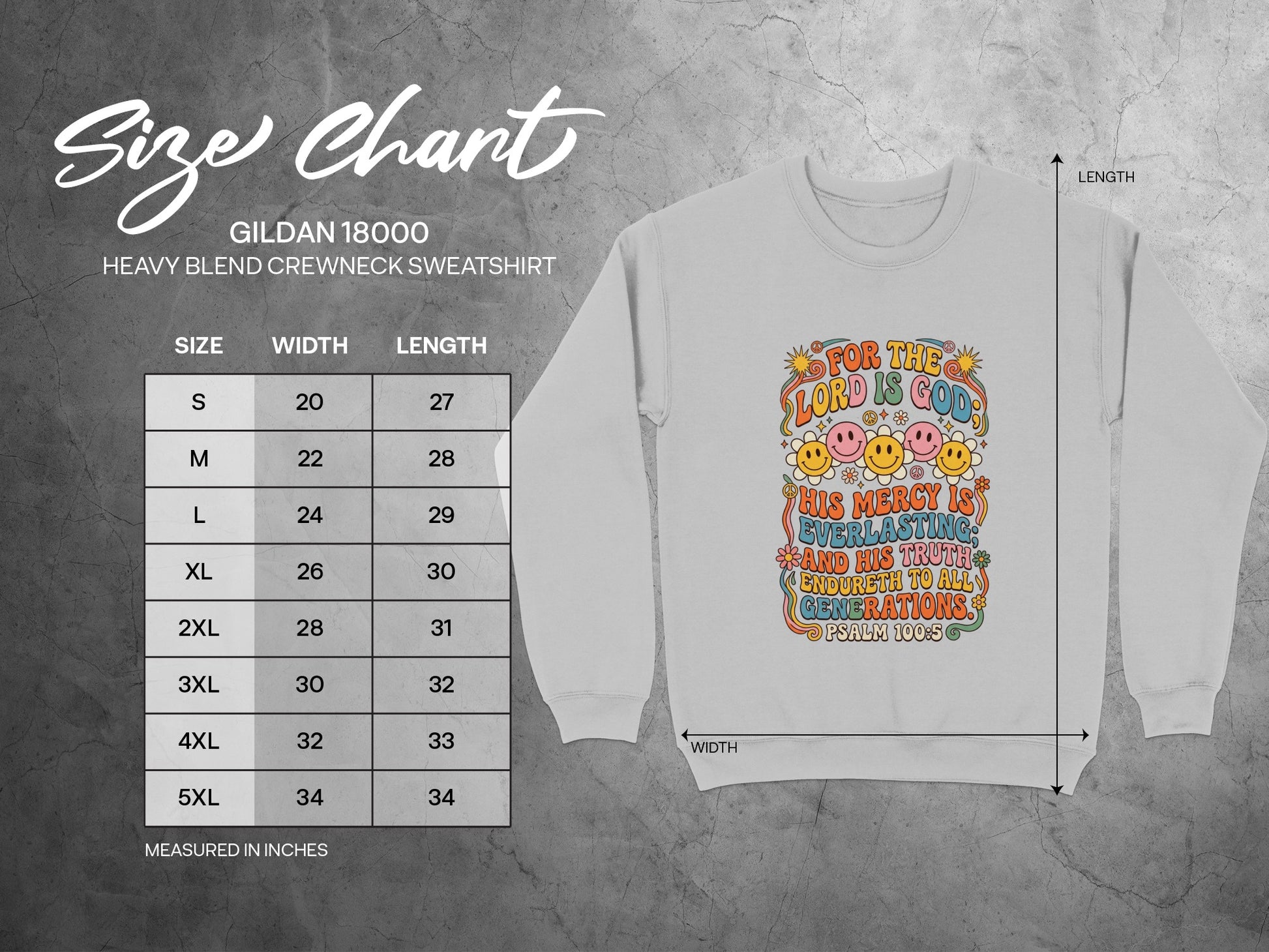 Gildan 18000 sweatshirt size chart with dimensions for width and length.
