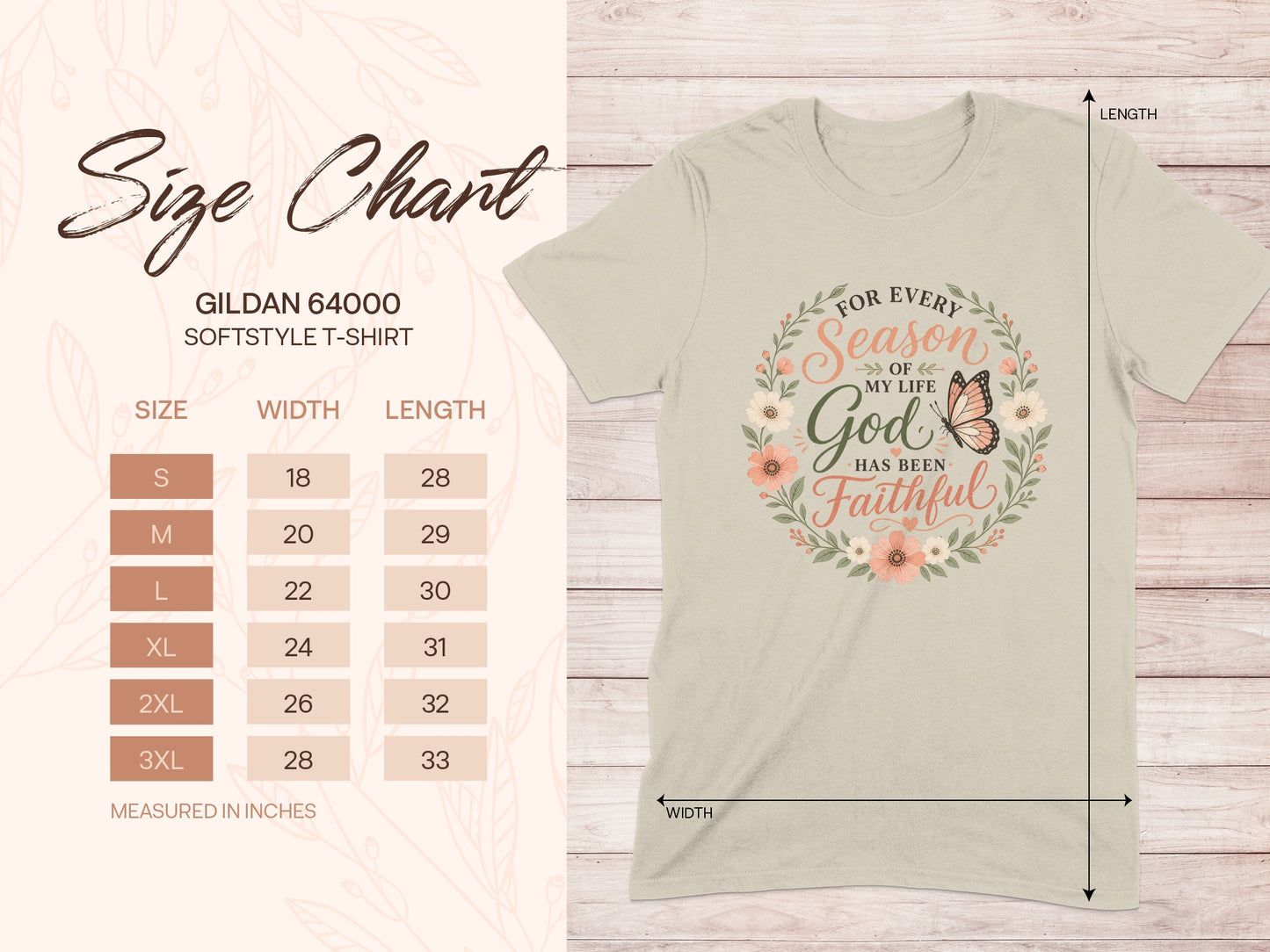 Gildan 64000 t-shirt size chart with measurements for width and length.
