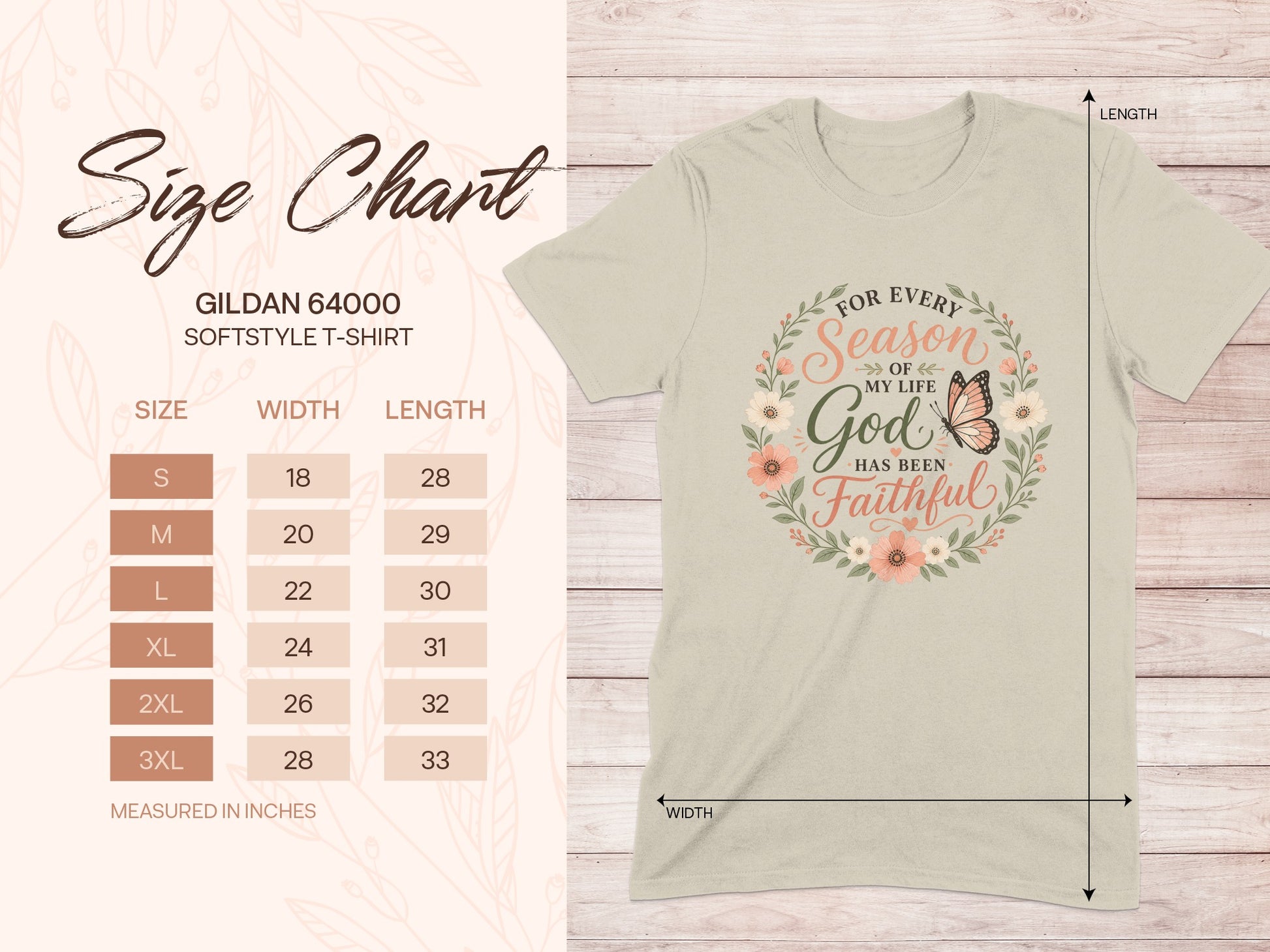 Gildan 64000 t-shirt size chart with measurements for width and length.