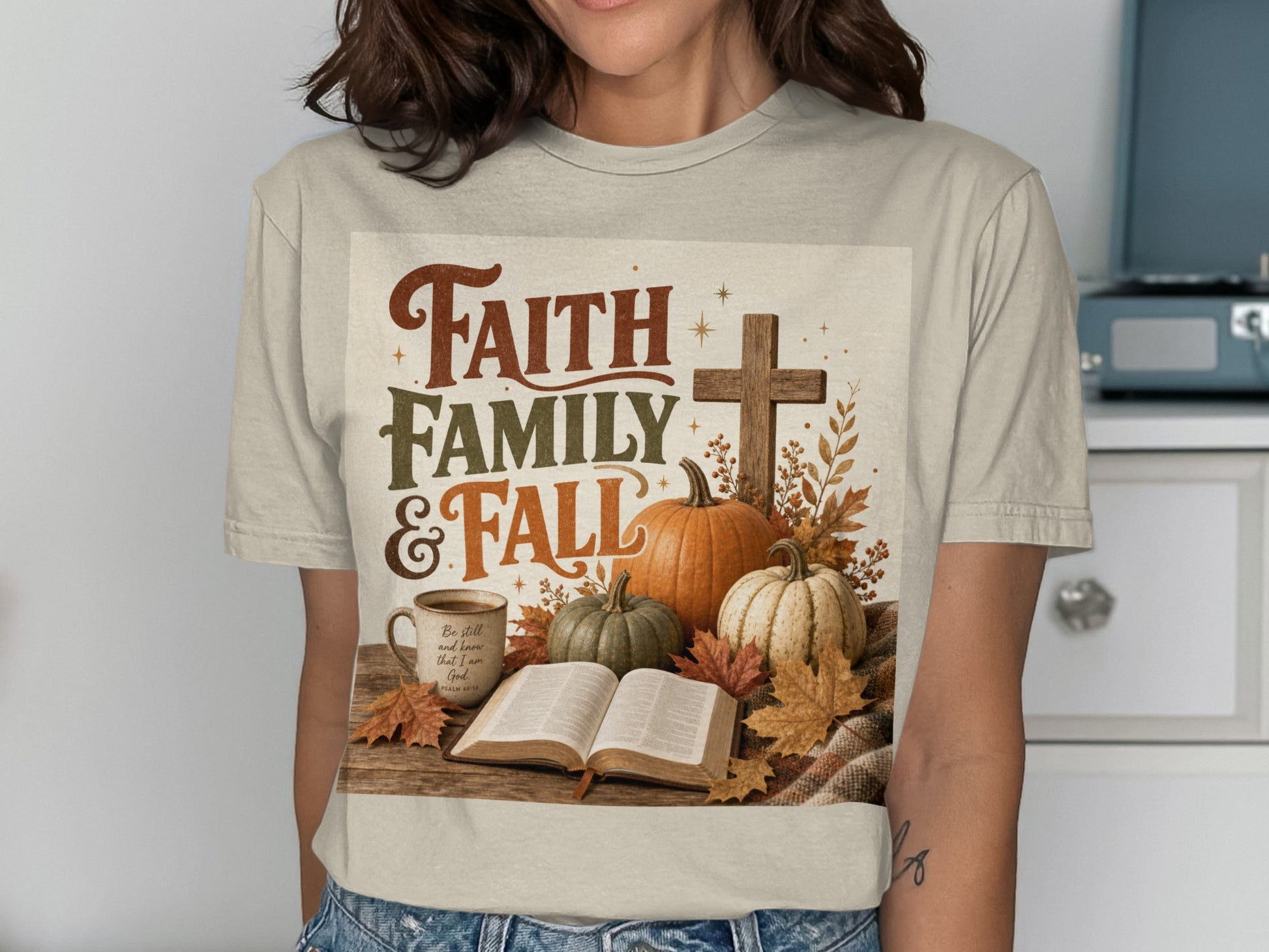 Faith, Family, & Fall graphic with pumpkins, cross, open Bible, and mug.