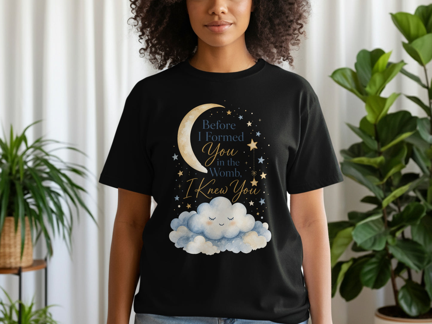 Black t-shirt with moon, stars, and text "Before I Formed You in the Womb, I Knew You."