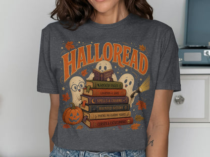 Halloween themed t-shirt with ghosts reading "Halloread" surrounded by books and pumpkins.