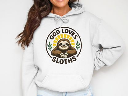 White hoodie with "God Loves Sloths" text and a sloth illustration.