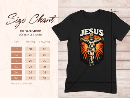 Gildan 64000 Softstyle T-Shirt size chart with Jesus graphic.