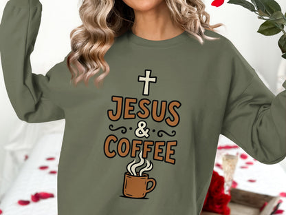 Olive sweatshirt with "Jesus & Coffee" graphic and a steaming mug.