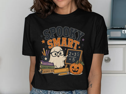 Spooky Smart t-shirt graphic with a ghost, pumpkin, books, and math equation.