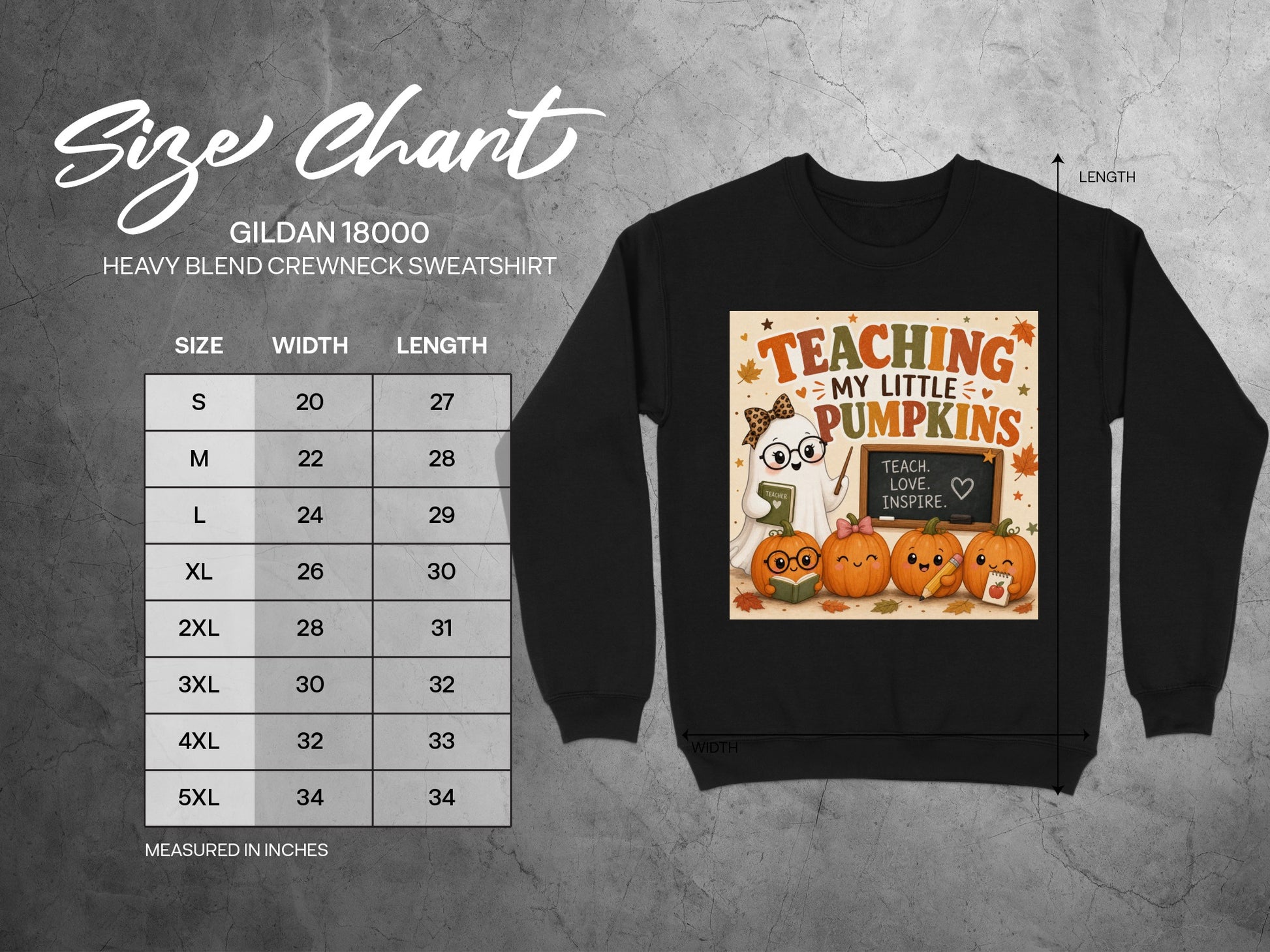 Gildan 18000 size chart for heavy blend crewneck sweatshirt with pumpkin graphic.