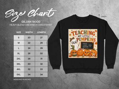 Gildan 18000 size chart for heavy blend crewneck sweatshirt with pumpkin graphic.