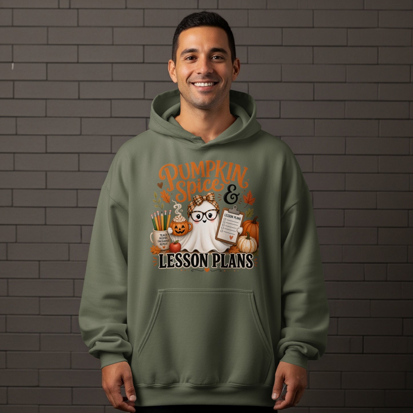 Ghost with glasses, pumpkins, and school supplies on a hoodie that says "Pumpkin Spice & Lesson Plans".
