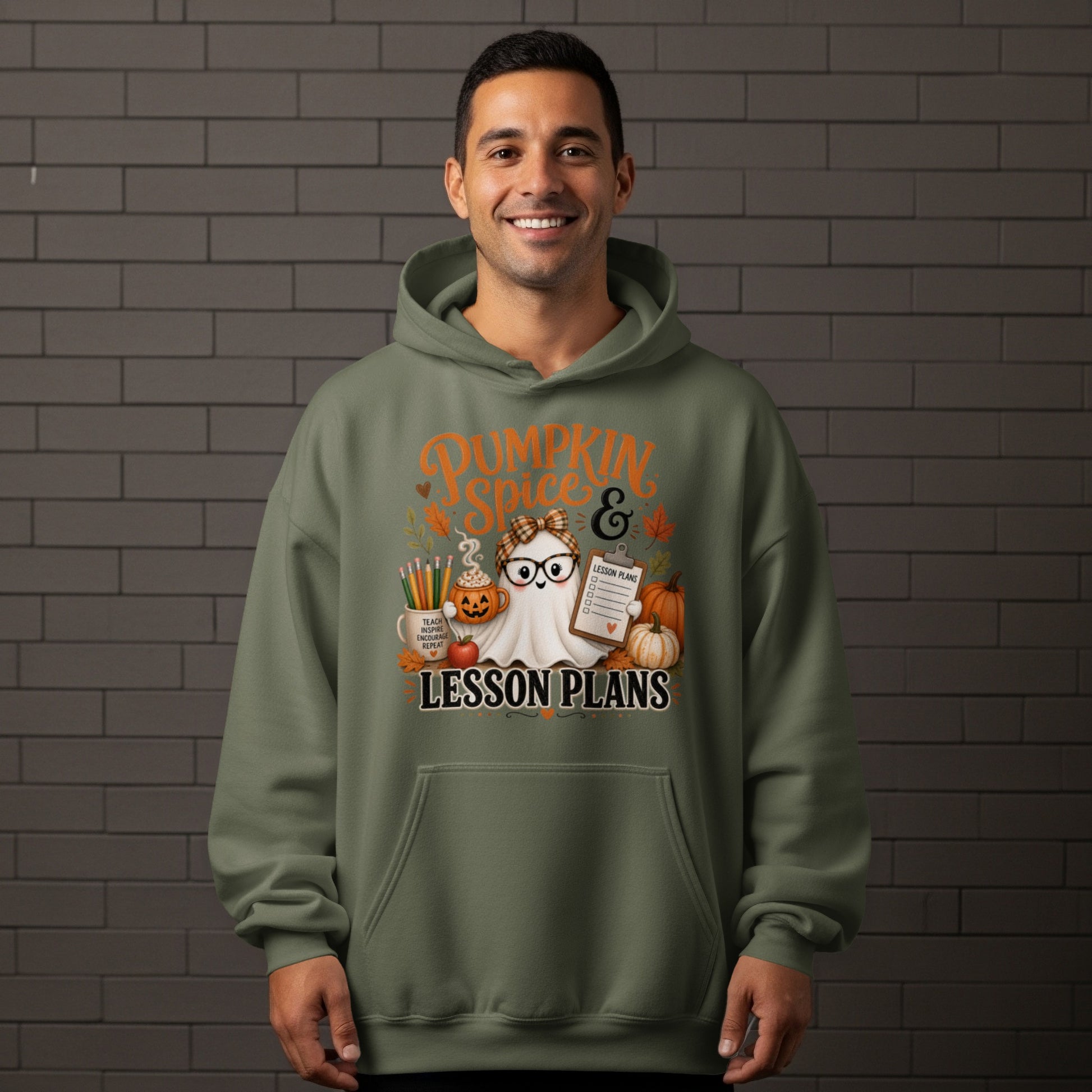 Ghost with glasses, pumpkins, and school supplies on a hoodie that says "Pumpkin Spice & Lesson Plans".