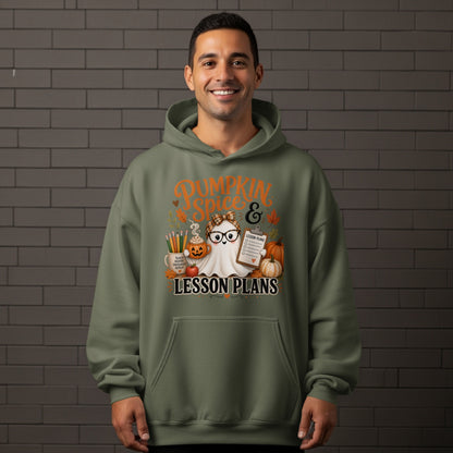 Ghost with glasses, pumpkins, and school supplies on a hoodie that says "Pumpkin Spice & Lesson Plans".