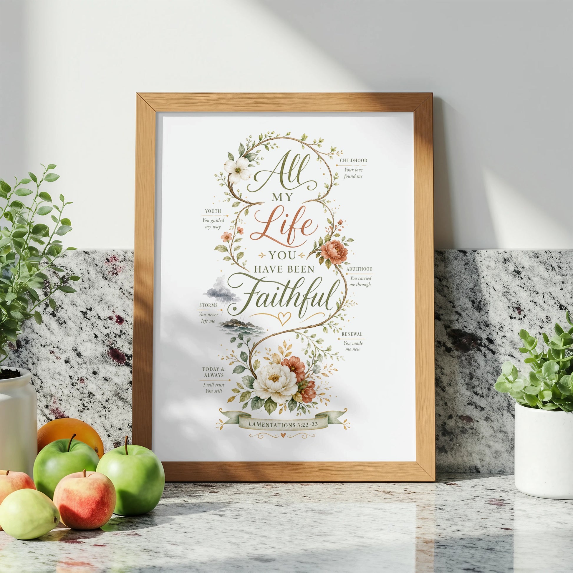 Framed artwork with text "All My Life You Have Been Faithful" and scripture.