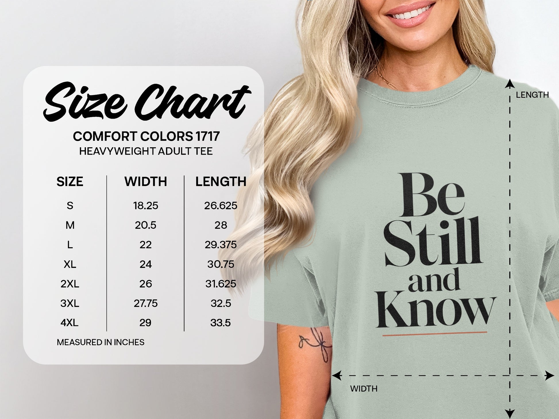 Comfort Colors 1717 heavyweight adult tee size chart showing width and length in inches.