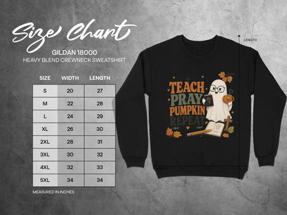 Gildan 18000 sweatshirt size chart with a graphic of a ghost holding a pumpkin mug and Bible.