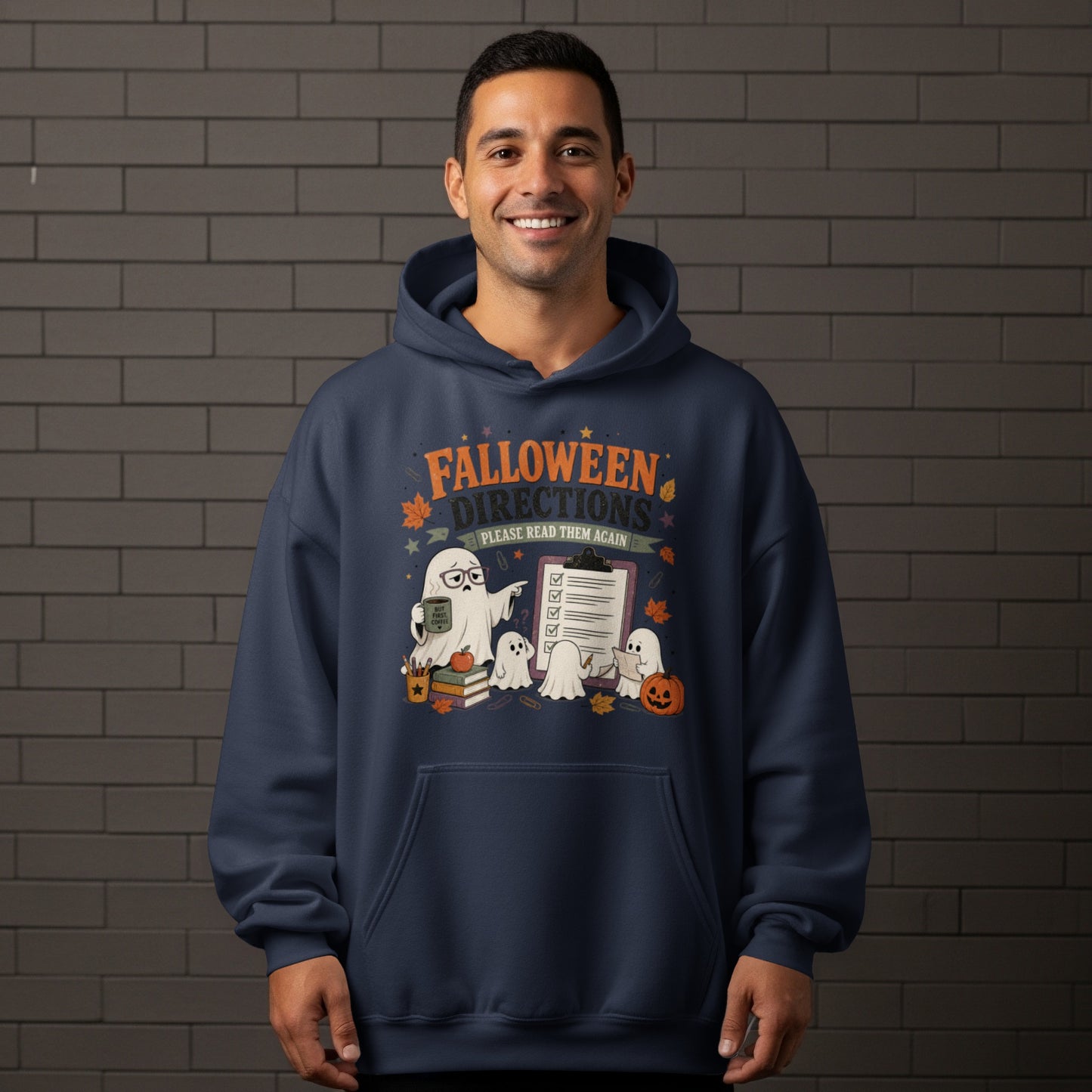Falloween Directions Please Read Them Again graphic on navy hoodie featuring ghosts and Halloween elements.