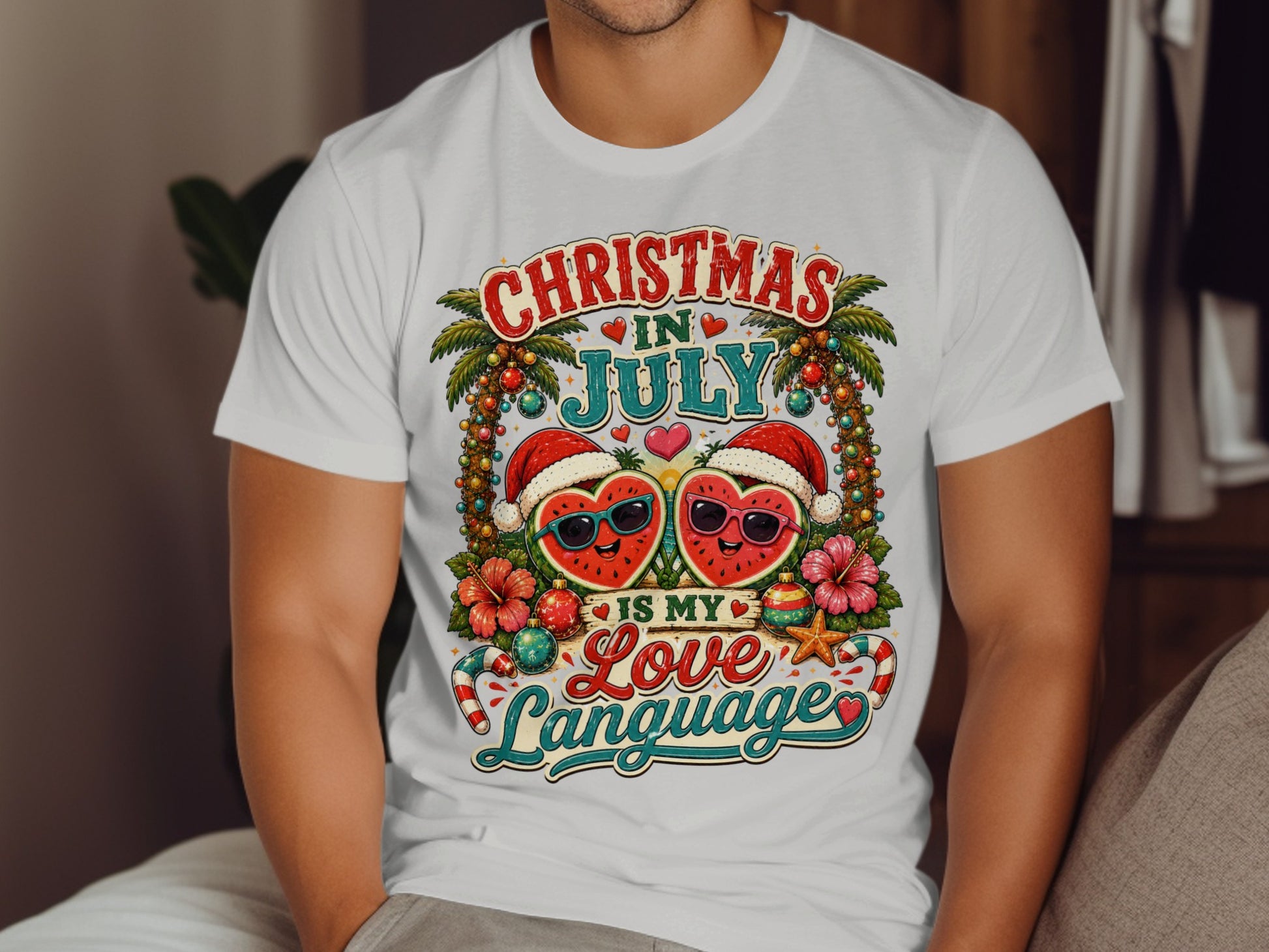 Christmas in July Is My Love Language t-shirt with watermelon hearts.