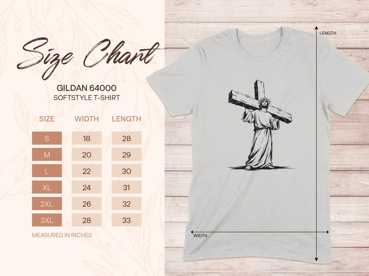 Gildan 64000 Softstyle T-shirt size chart with measurements.