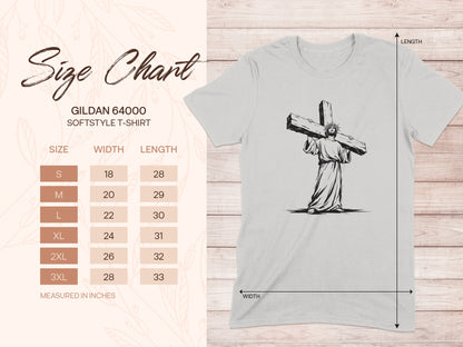 Gildan 64000 Softstyle T-shirt size chart with measurements.