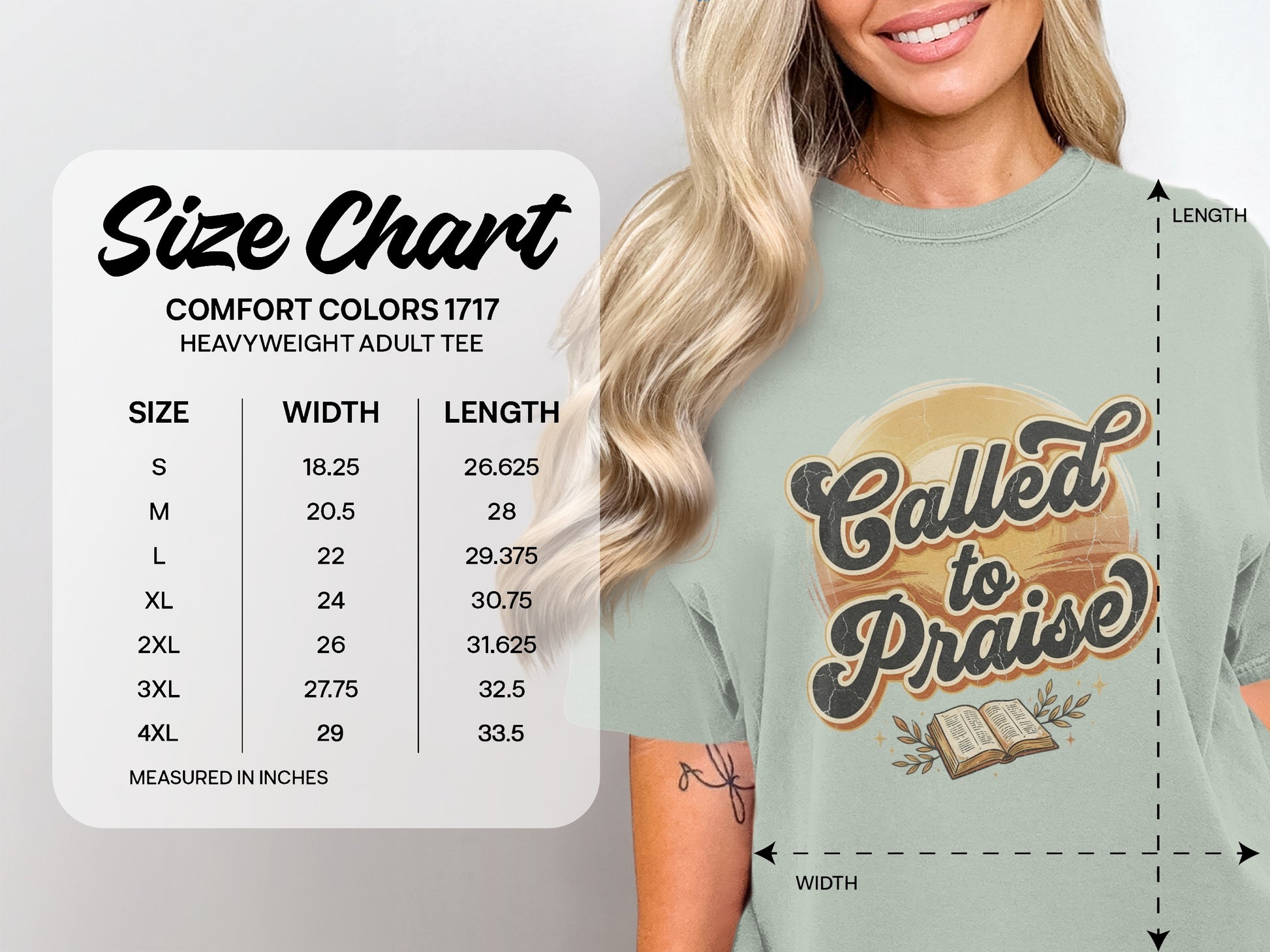 Comfort Colors heavyweight tee size chart with widths and lengths, and "Called to Praise" graphic.