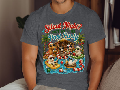 Christmas animals in pool with "Silent Night? Not This Pool Party" text.