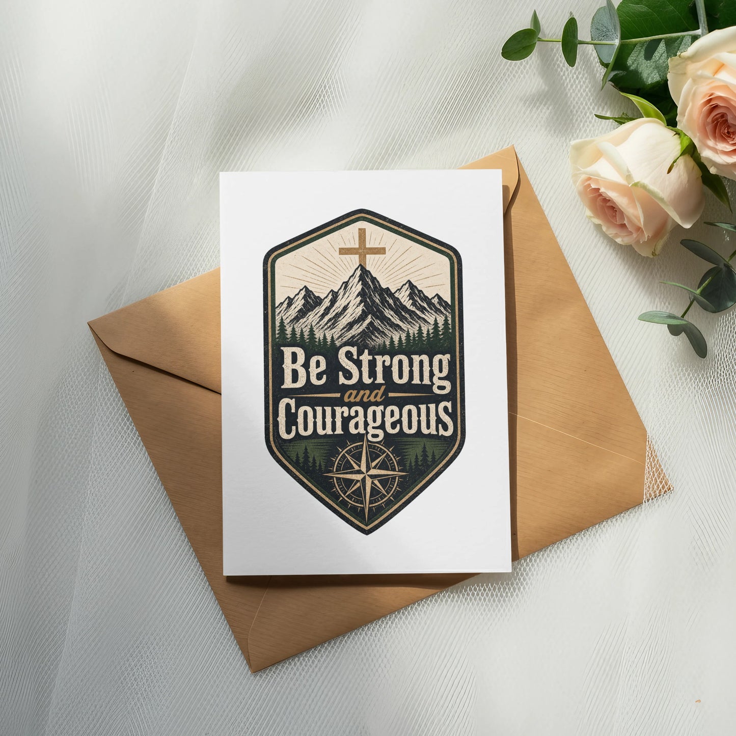 Card with "Be Strong and Courageous" text, mountains, cross, and compass rose.