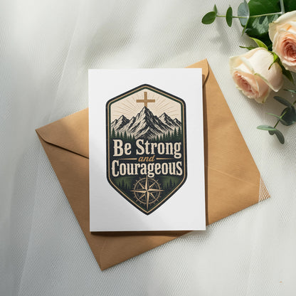 Card with "Be Strong and Courageous" text, mountains, cross, and compass rose.