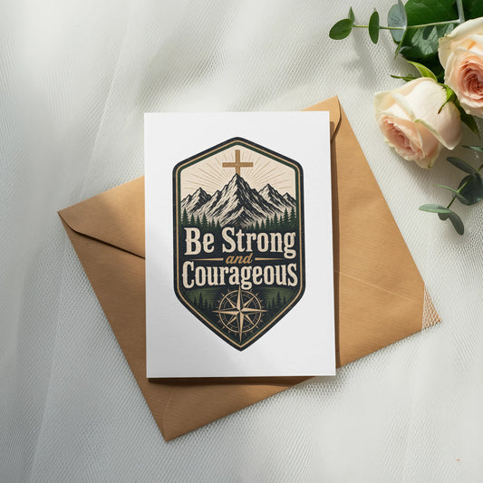Card with "Be Strong and Courageous" text, mountains, cross, and compass rose.