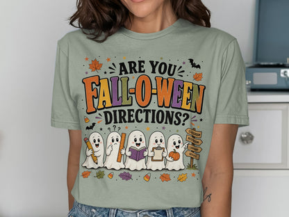 T-shirt with ghosts holding school supplies and text "Are you Fall-o-ween Directions?".