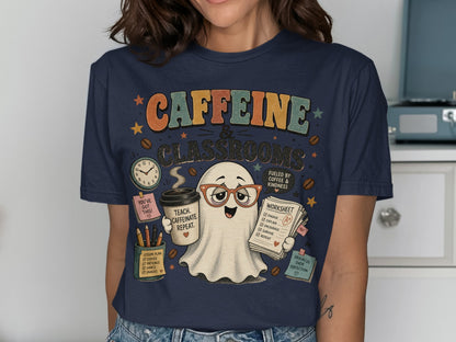 Ghost wearing glasses holding coffee and worksheet, with "Caffeine & Classrooms" text.