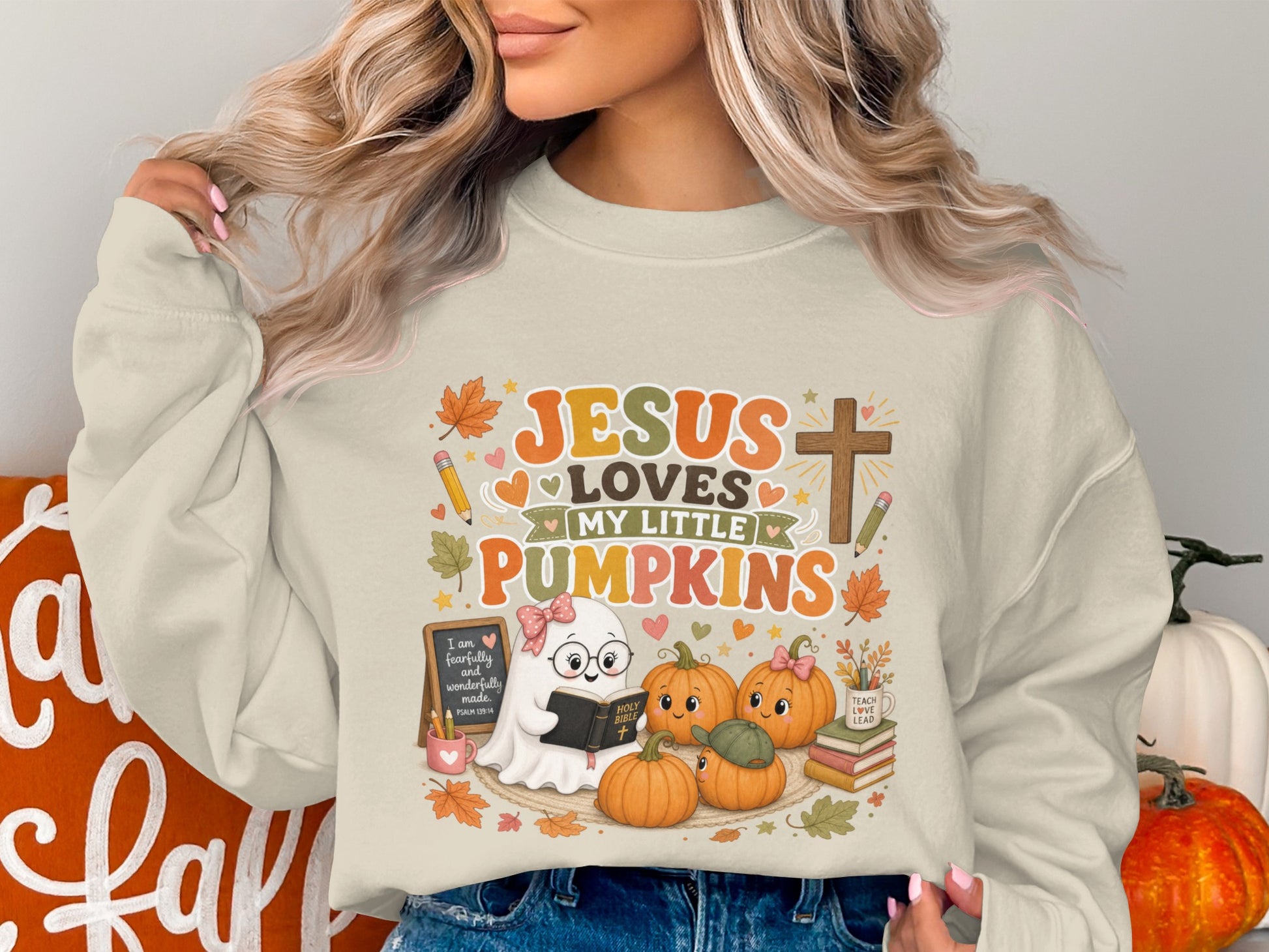 Jesus Loves My Little Pumpkins graphic with ghost, pumpkins, and bible verses.