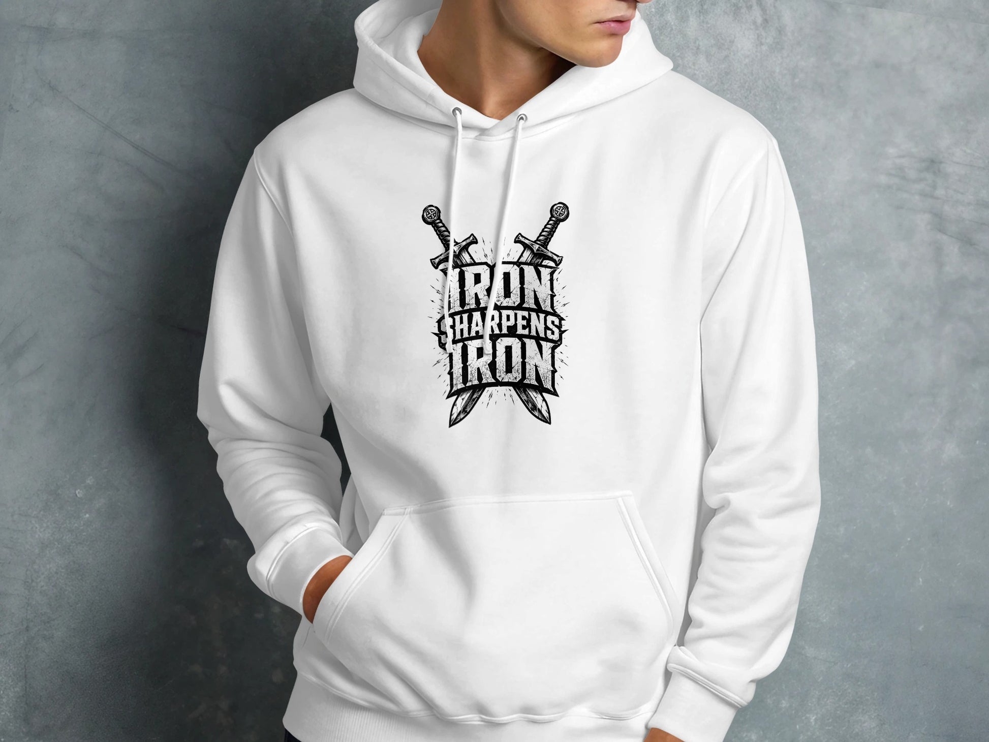 White hoodie with crossed swords and "Iron Sharpens Iron" text graphic.