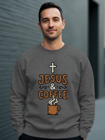 Dark gray sweatshirt with "Jesus & Coffee" text and coffee mug graphic.