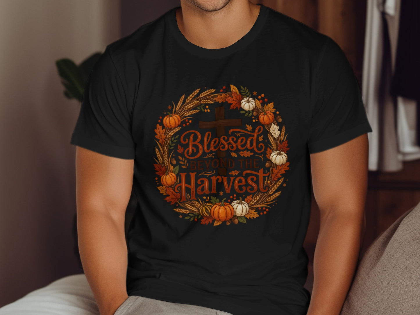 Black t-shirt with "Blessed Beyond The Harvest" text and fall wreath.