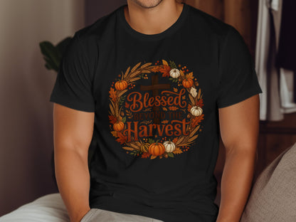 Black t-shirt with "Blessed Beyond The Harvest" text and fall wreath.