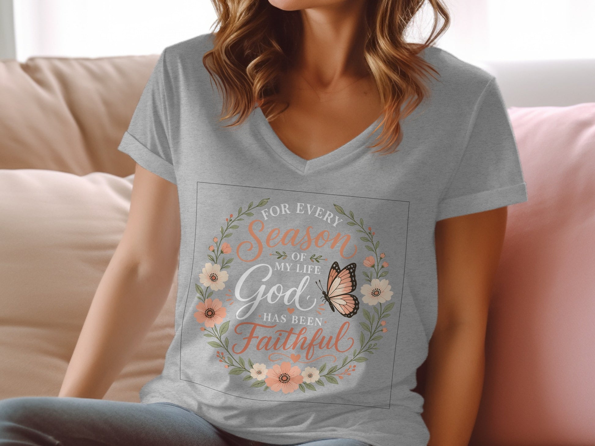 Grey v-neck t-shirt with "For every season of my life God has been faithful" text and floral design.