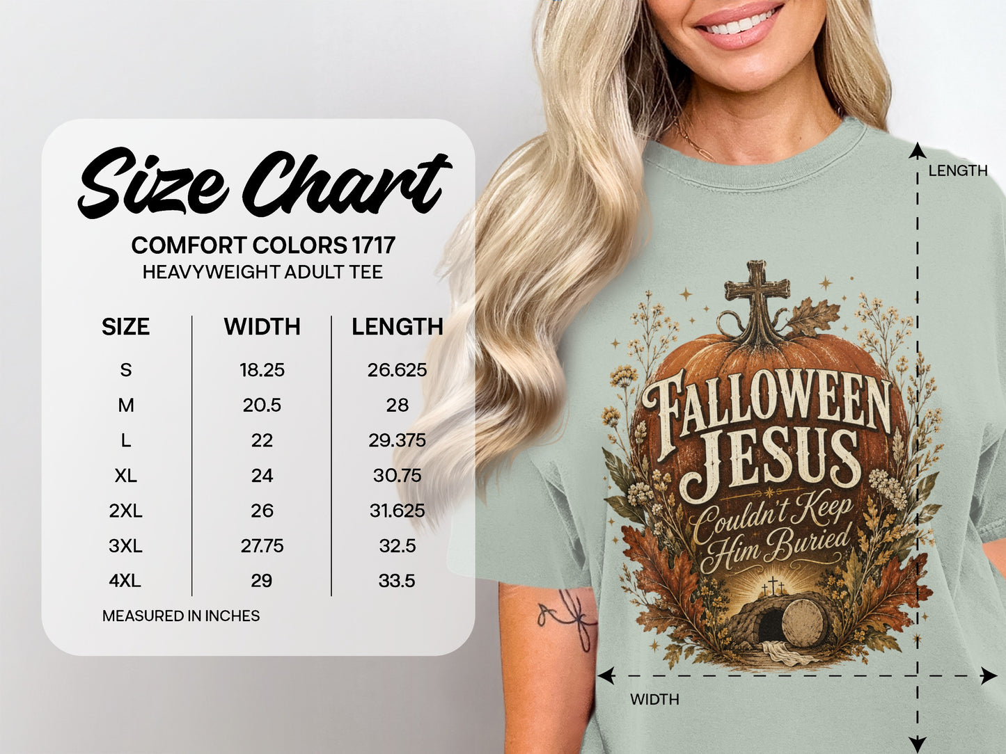 Size chart for Comfort Colors 1717 heavyweight adult tee with Halloween Jesus graphic.