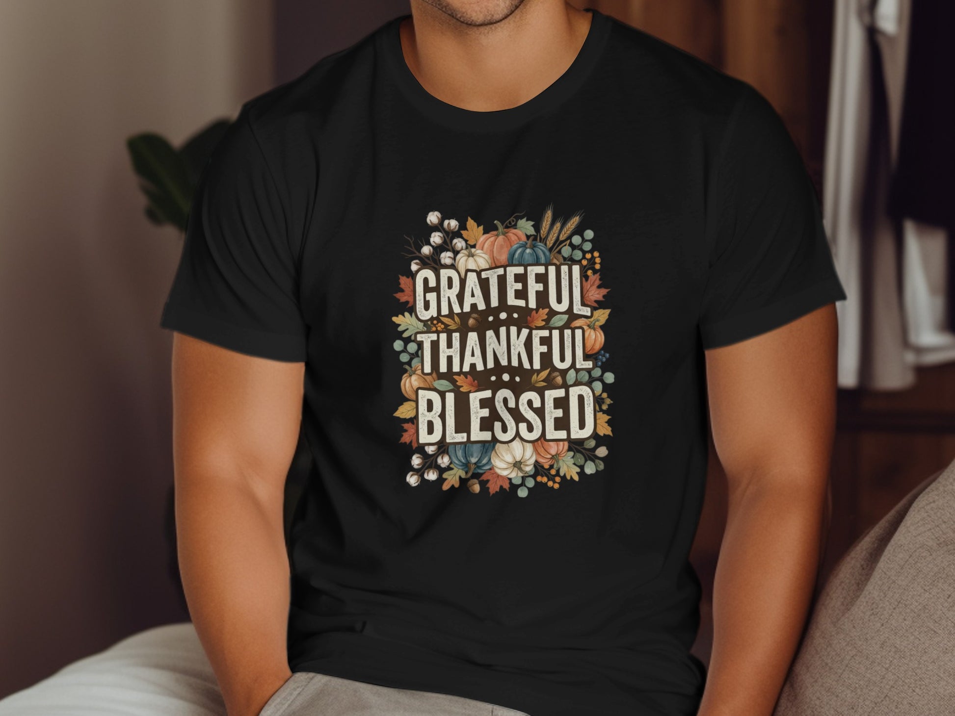 Black t-shirt with "Grateful Thankful Blessed" autumn graphic.