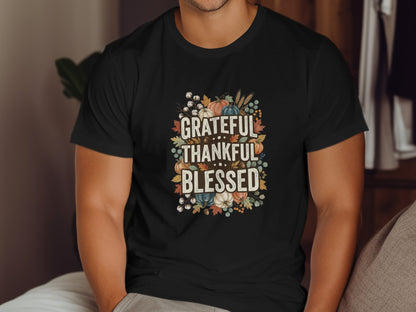 Black t-shirt with "Grateful Thankful Blessed" autumn graphic.
