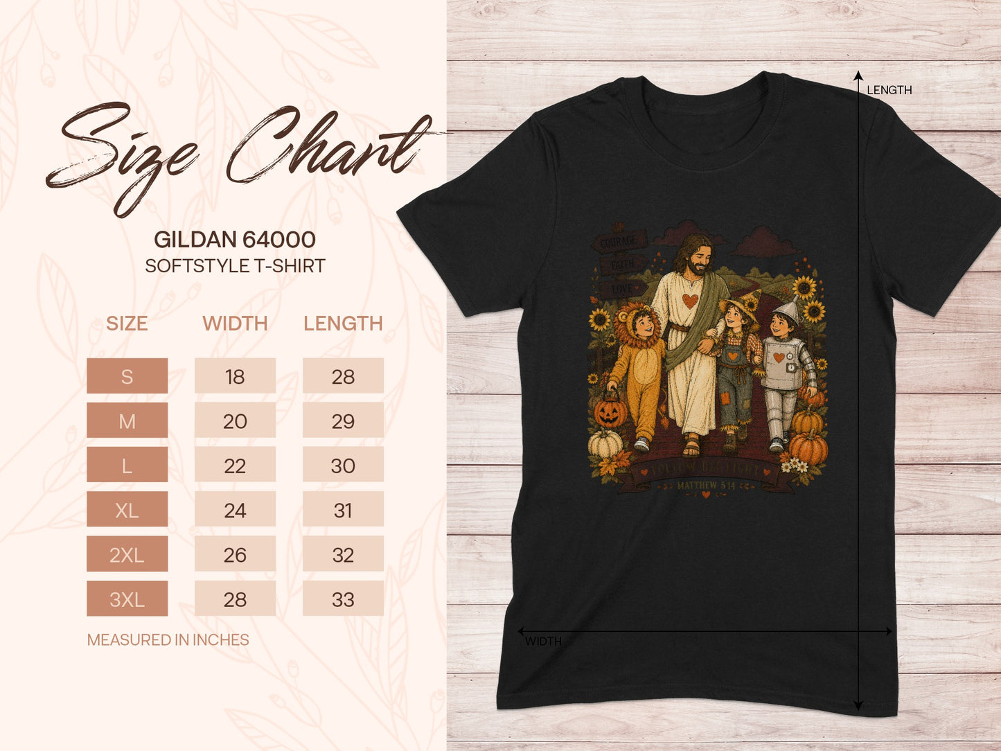 Gildan 64000 Softstyle t-shirt size chart with graphic of kids in costumes.