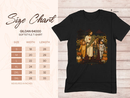 Gildan 64000 Softstyle t-shirt size chart with graphic of kids in costumes.