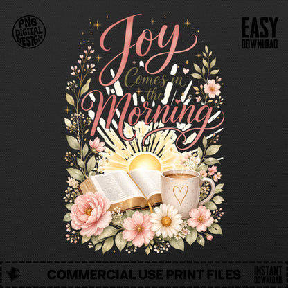 Open Bible with coffee cup, surrounded by flowers and text Joy Comes in the Morning.